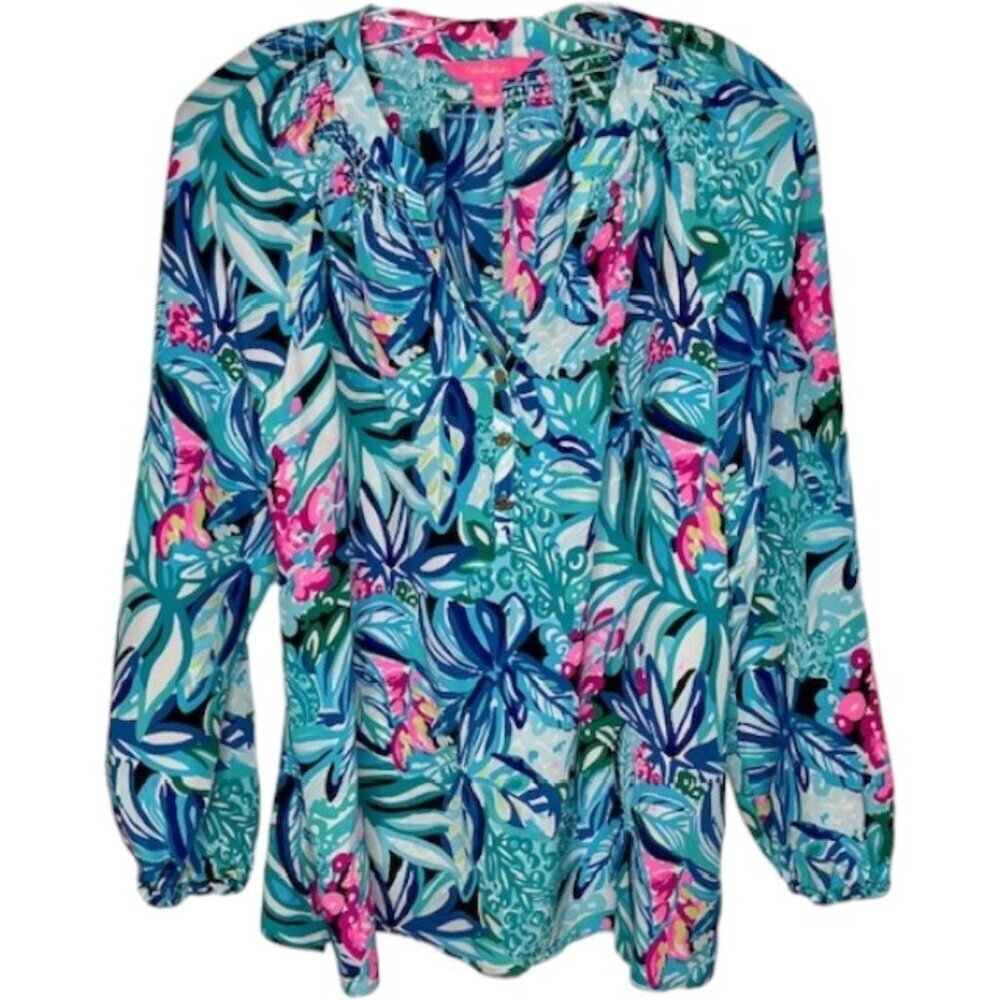 Lilly Pulitzer Elsa Smocked Silk Popover - Navy Turquoise Fuchsia - M